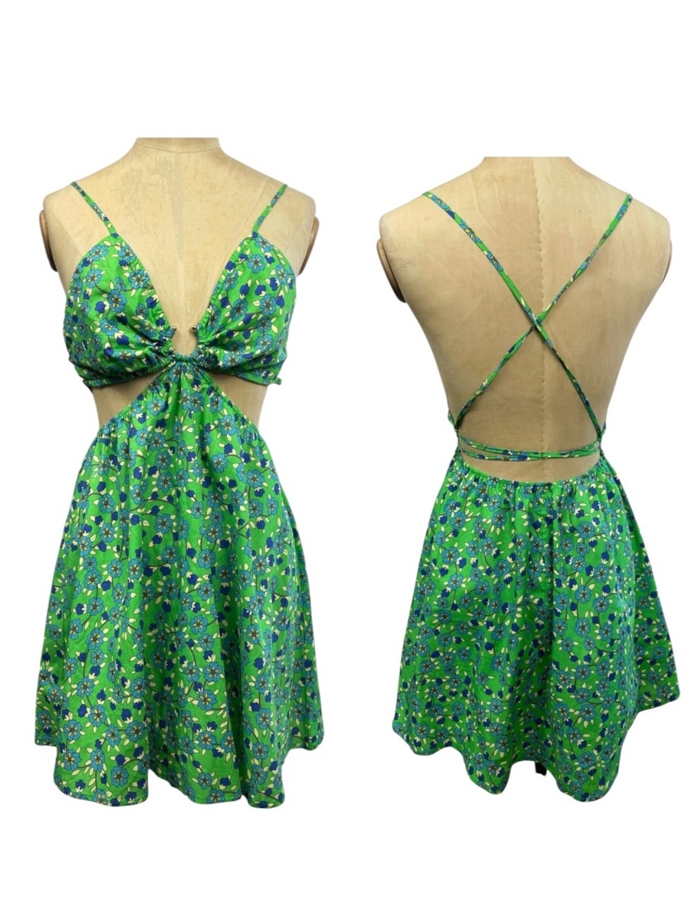 Hello Molly Green Floral Open-Back Sundress 2 Cutout Gold Hardware